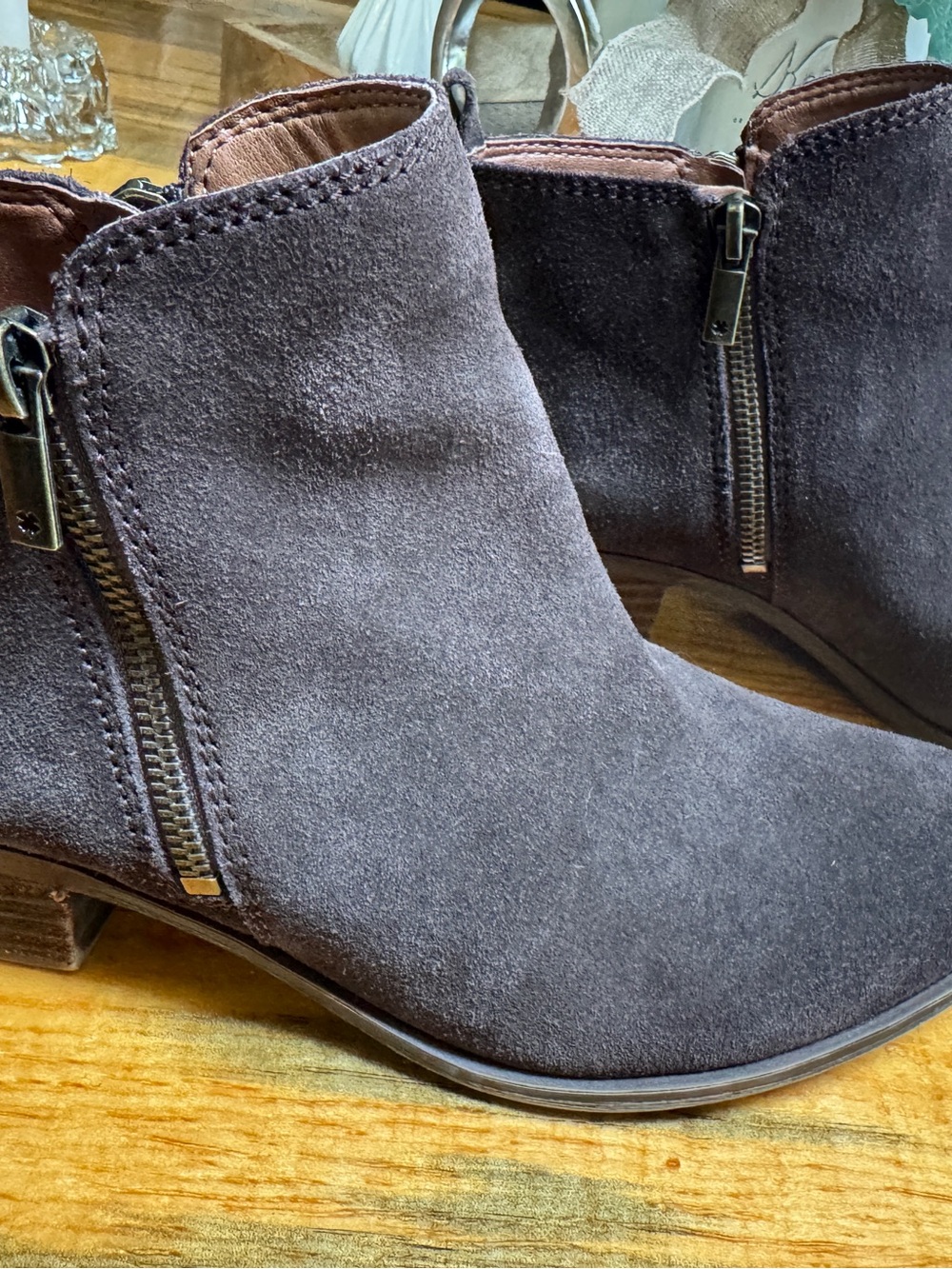 Lucky Brand Basel Brown Suede Ankle Booties Size 10 Side Zip Stacked Heel